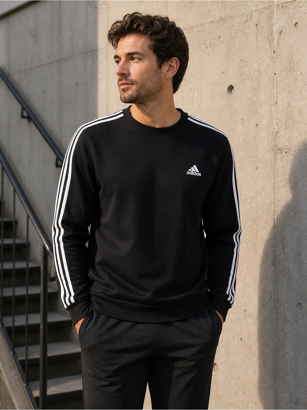 Adidas Men's Crewneck Sweatshirt - Black with White Stripes. Large